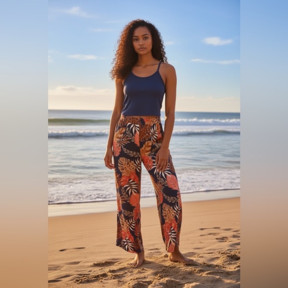 Tropical Print Wide Leg Pants